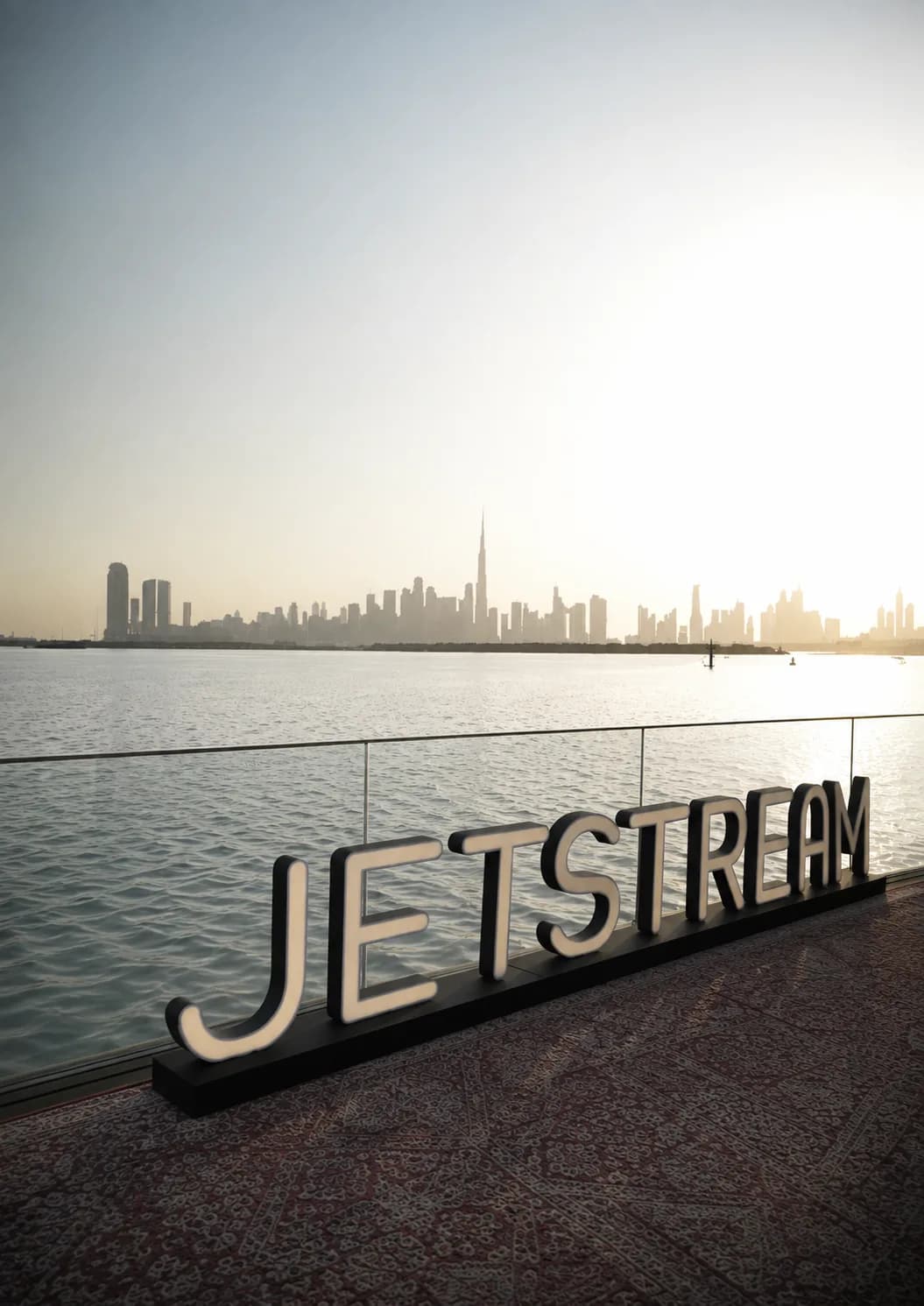 Jetstream lettering in front of the Dubai skyline
